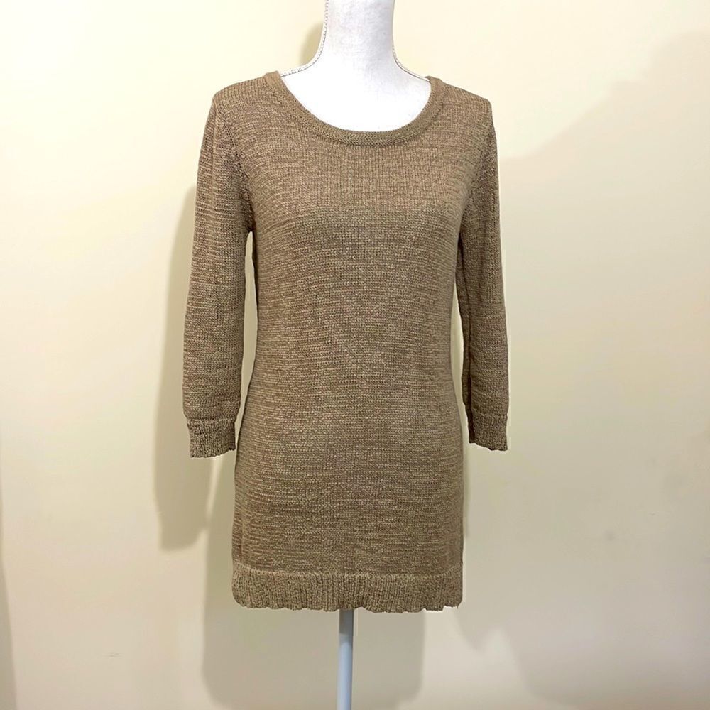 WD•NY Taupe Long Line Zip back cotton blend 3/4 sleeve Sweater size Medium